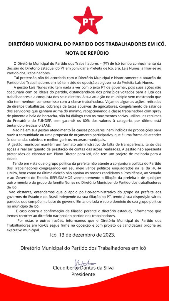 De acordo com a nota, o PT de Icó deve pedir a intervenção do Diretório Nacional em caso de Laís Nunes ter a filiação efetivada (Foto: PT de Icó)