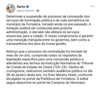 Sarto suspende licitação bilionária em Fortaleza