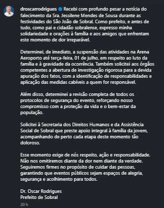 Prefeitura suspende São João de Sobral após morte por descarga elétrica