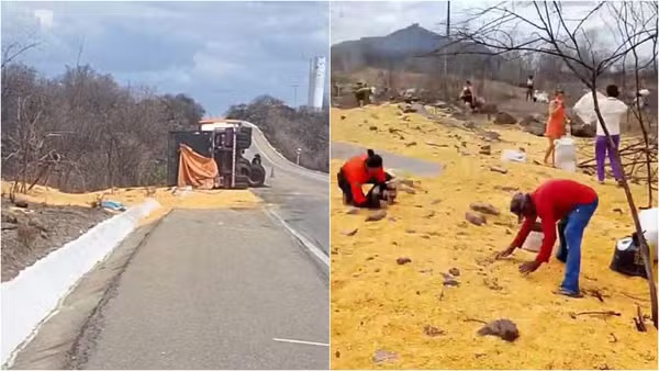 Após tombamento de carreta, carga de milho é saqueada em Sobral