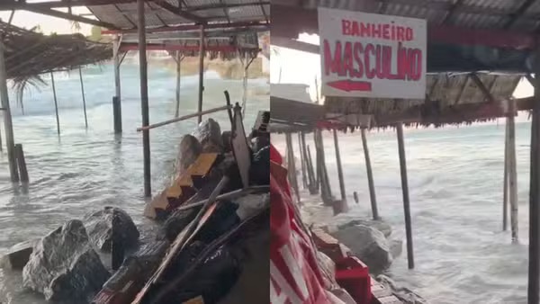 Mar invade faixa de areia e destrói estruturas na Praia da Lagoinha