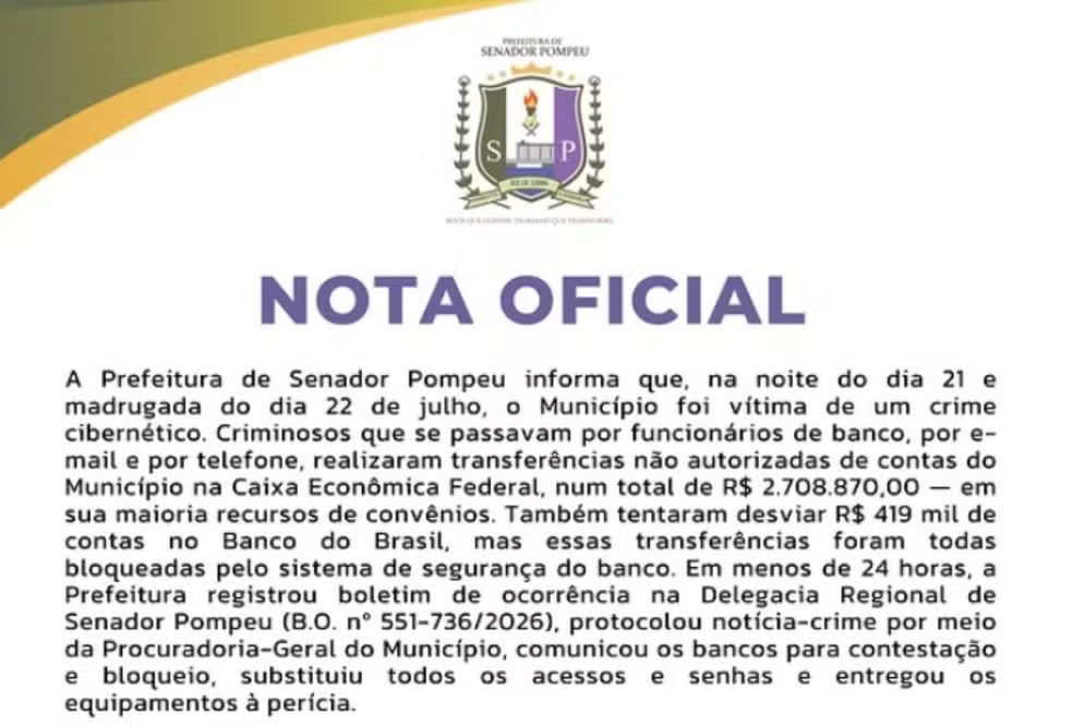 Golpe desvia R$ 2,7 milhões de contas da Prefeitura de Senador Pompeu