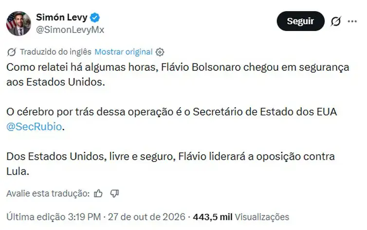 Simón Levy afirma que Flávio Bolsonaro chegou aos EUA, mas não há confirmação oficial